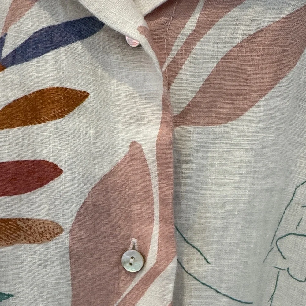 Cynthia Rowley White Linen Printed Button-Up Top with Multicolor Leaf Pattern - Picture 5 of 6